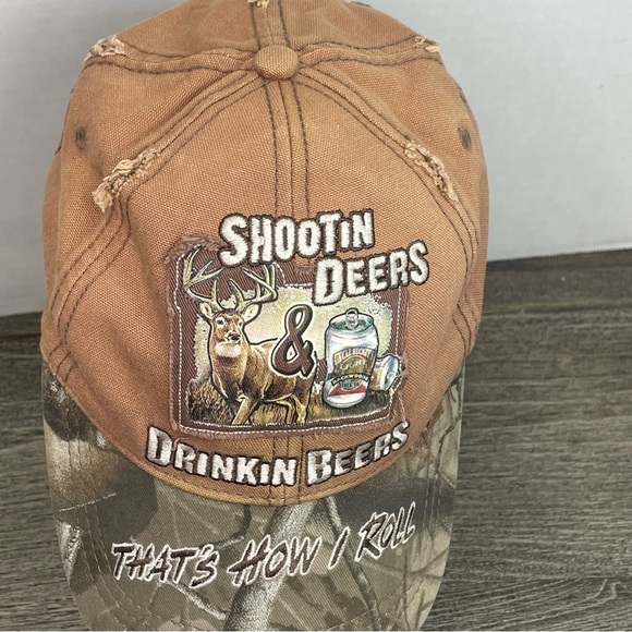 Buckwear Camo Cap with Embroidery Shootin Deer and Drinking Beer. OS. Distressed - Picture 8 of 12